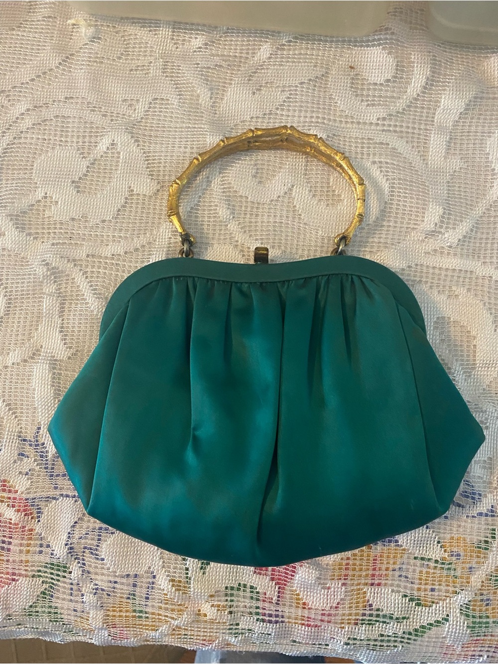 Vintage Satin Evening Top-Handle Clutch with Gold Bamboo Handle After five
